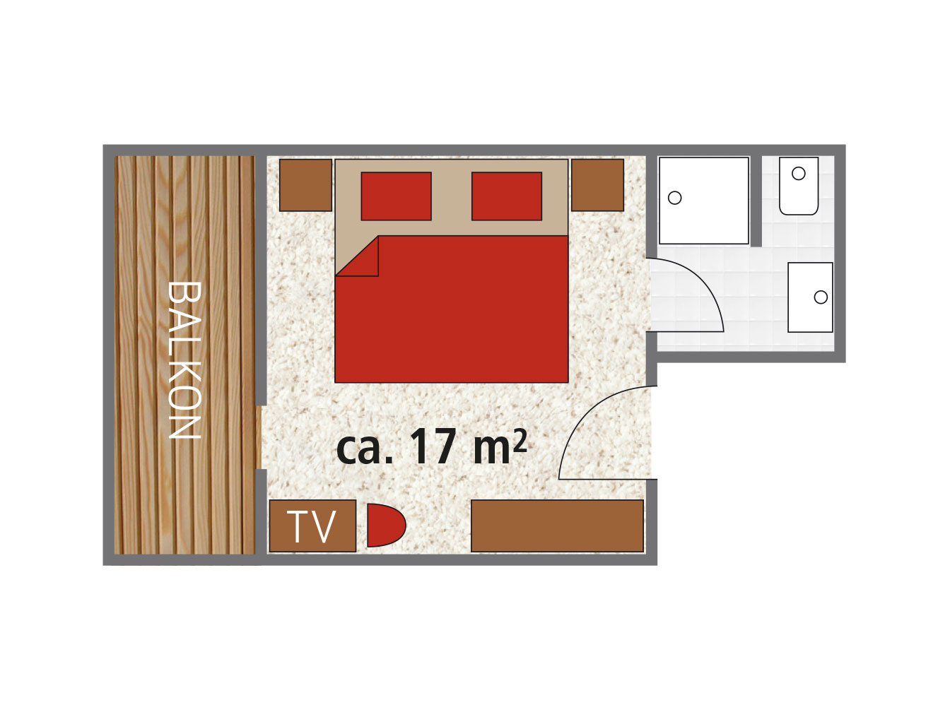 Raumplan des 17 m² großen Doppelzimmers mit Balkon im Hotel Silbertal