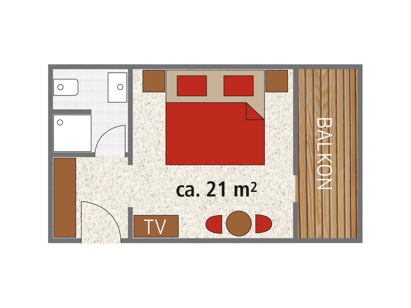 Raumplan des 21 m² großen Doppelzimmers mit Balkon im Hotel Silbertal