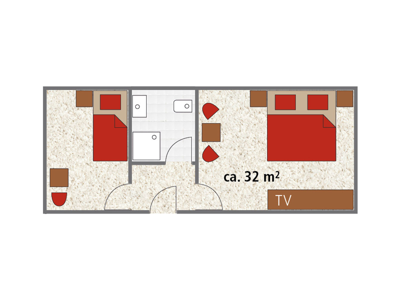 Raumplan des Familienzimmers 214 im Hotel Silbertal für 2 bis 3 Personen