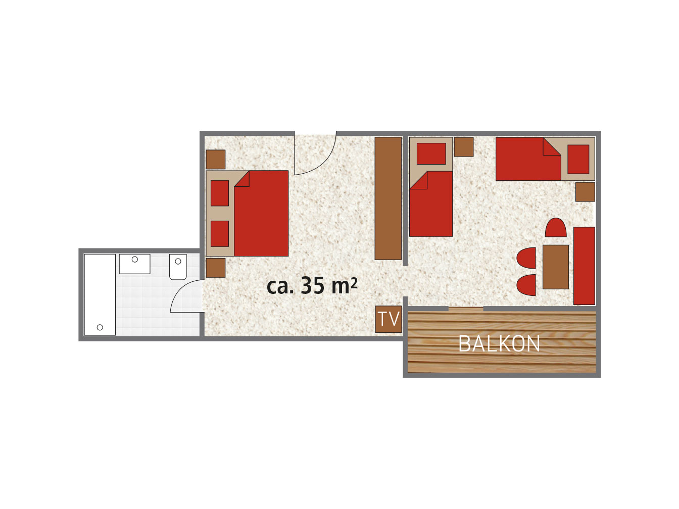 Raumplan des großen Familienzimmers im Hotel Silbertal für 3 bis 4 Personen