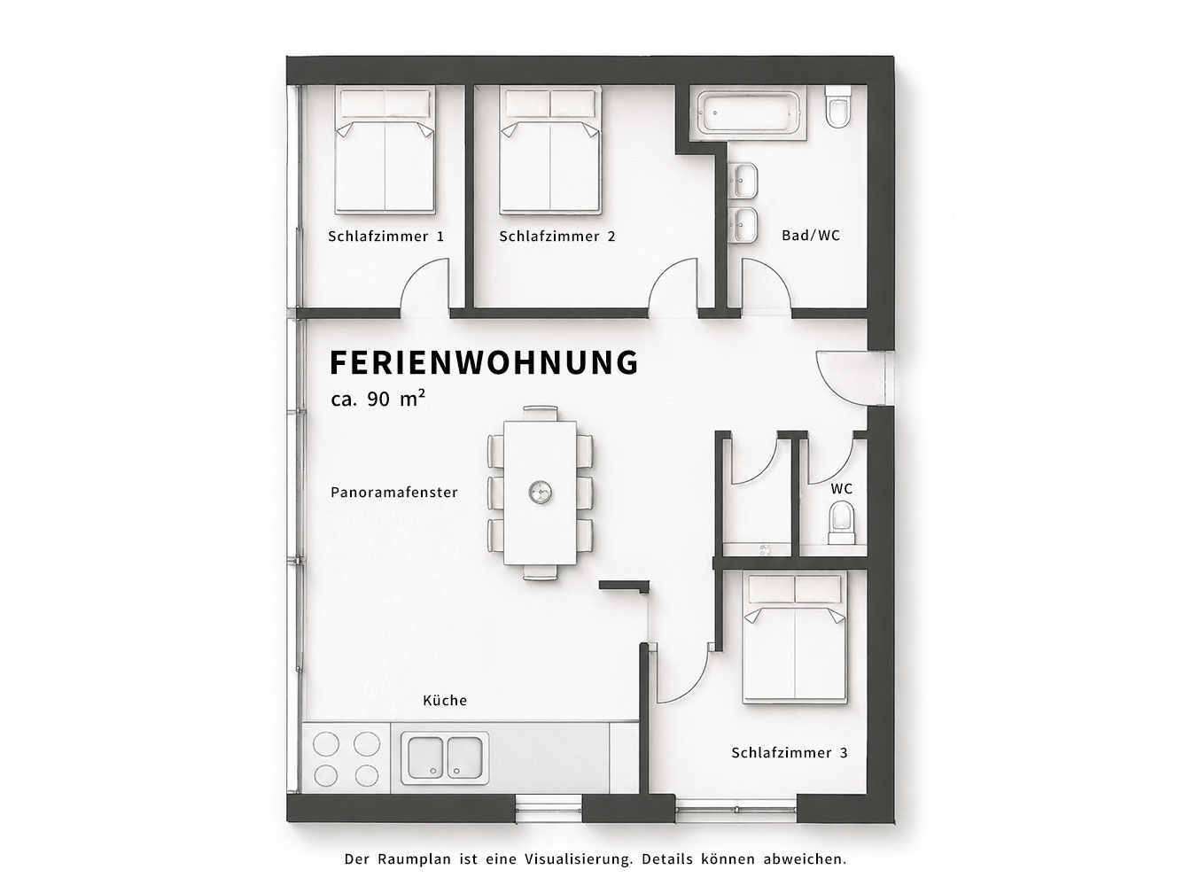 Raumplan der 90 m² großen Ferienwohnung im Hotel Silbertal mit drei Schlafzimmern