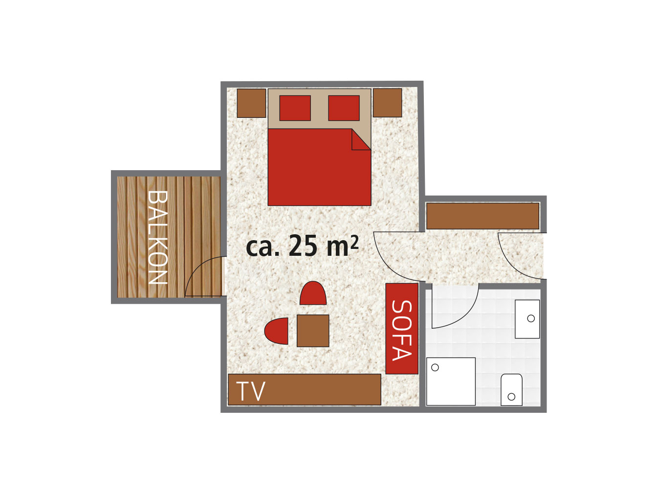 Raumplan des Romantikzimmers 108 im Hotel Silbertal für 2 bis 3 Personen